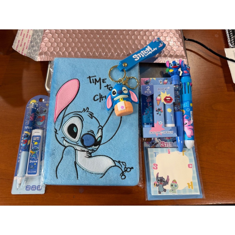 Disney Lilo & Stitch Stationery Set Plush Journal Pens Lip Balm Notepad Blue